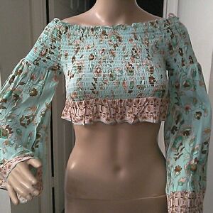 NWT ANTHROPOLOGIE RAGA Boho Floral Off-Shoulder Crop Top VISCOSE BELL SLVS. SEXY
